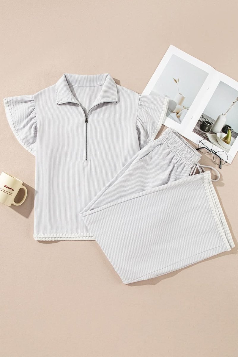 Gray Striped Short Sleeve Zipped Collar Top & Wide Leg Pants Set - Love Salve